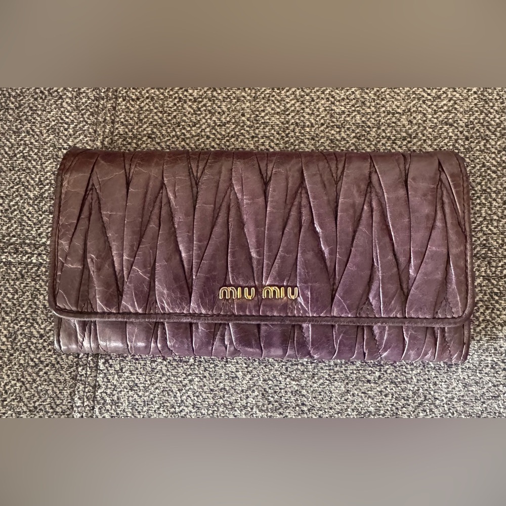 Miu Miu Plum Matelassé Leather Wallet with Gold Logo